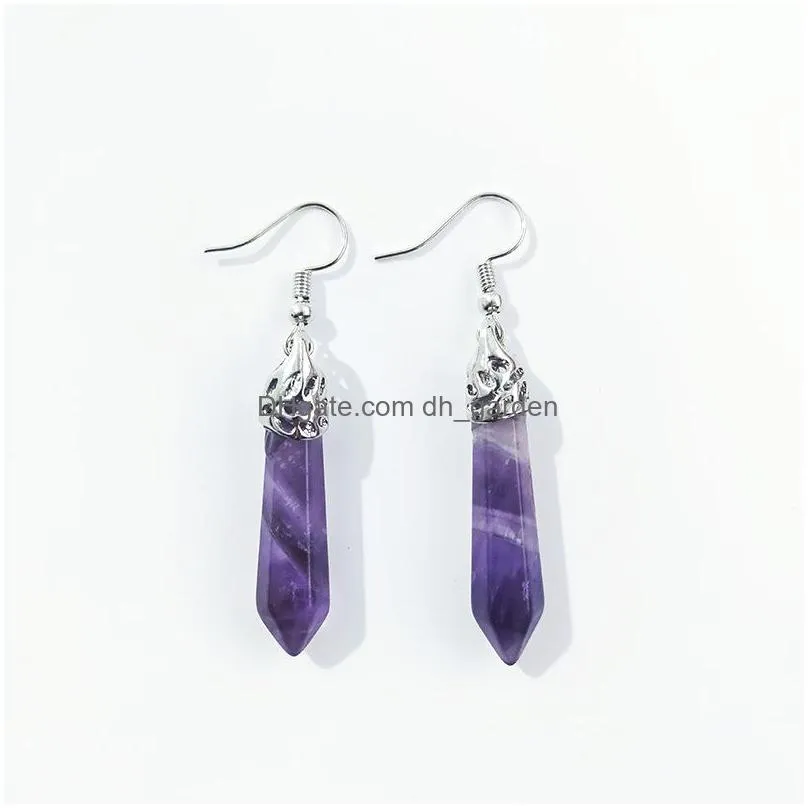 natural stone charms drop earrings bullet hexagonal lapis purple quartz pink crystal earring chakra pendulum jewelry