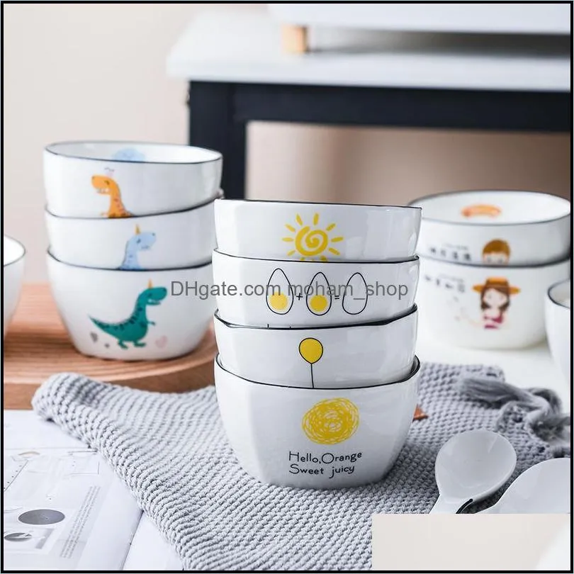 household bowl set ceramic tableware combination cute cartoon japanese creative eating rice soup with spoon bowls