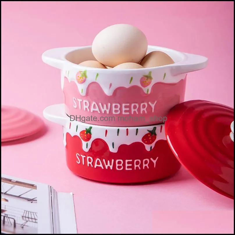 ceramic bowl with exquisite strawberry pattern steamed egg custard lid binaural childrens tableware bowls
