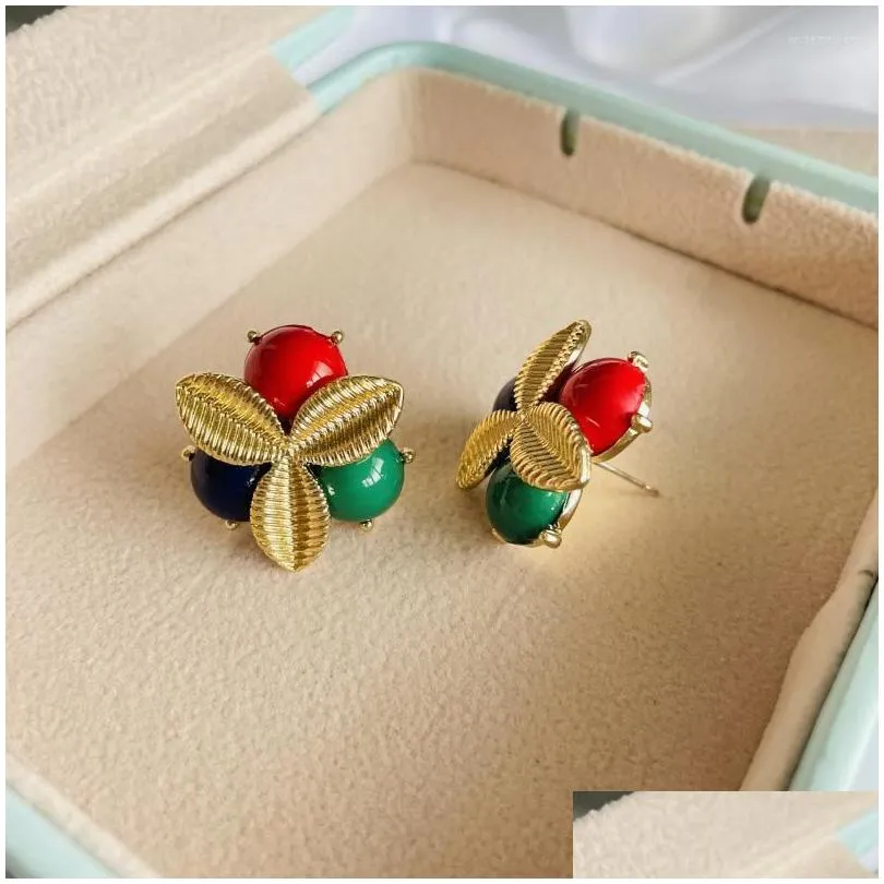 stud earrings clover petals silver needle resin suitable for autumn retro style alloy female accessories