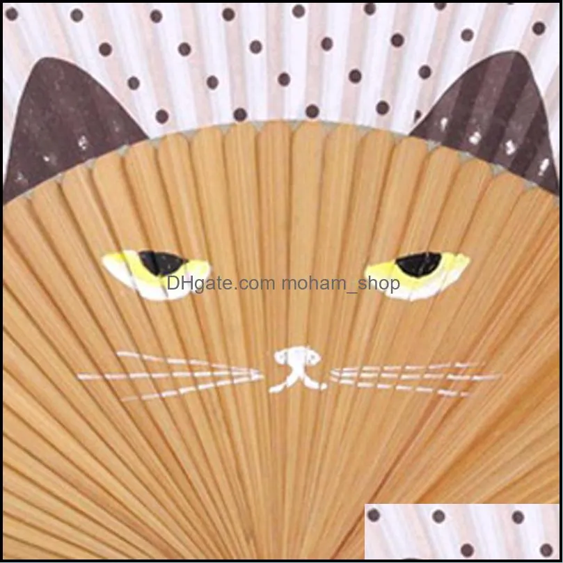 folding hand fan with tassel creative bamboo silk fan cartoon cat painting japanese hand held fans wedding party guests gift dbc