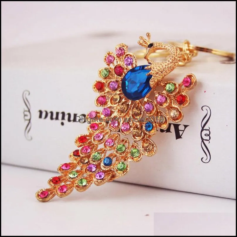  est fashion keychain 3pcs colorful rhinestone crystal paved animal beauty peacock key chain hanging women car key rings 473c3