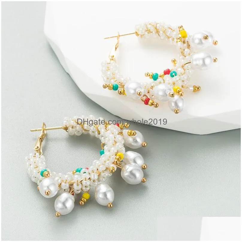 bohemian fashion geometric rice beads hoop earrings faux pearl colorful beaded earrings