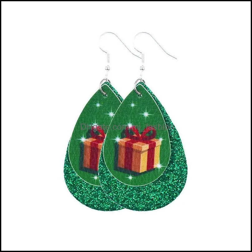 double layer christmas glitter leather earrings faux leather dangle drops earrings for women christmas tree bell deer dangle earring for