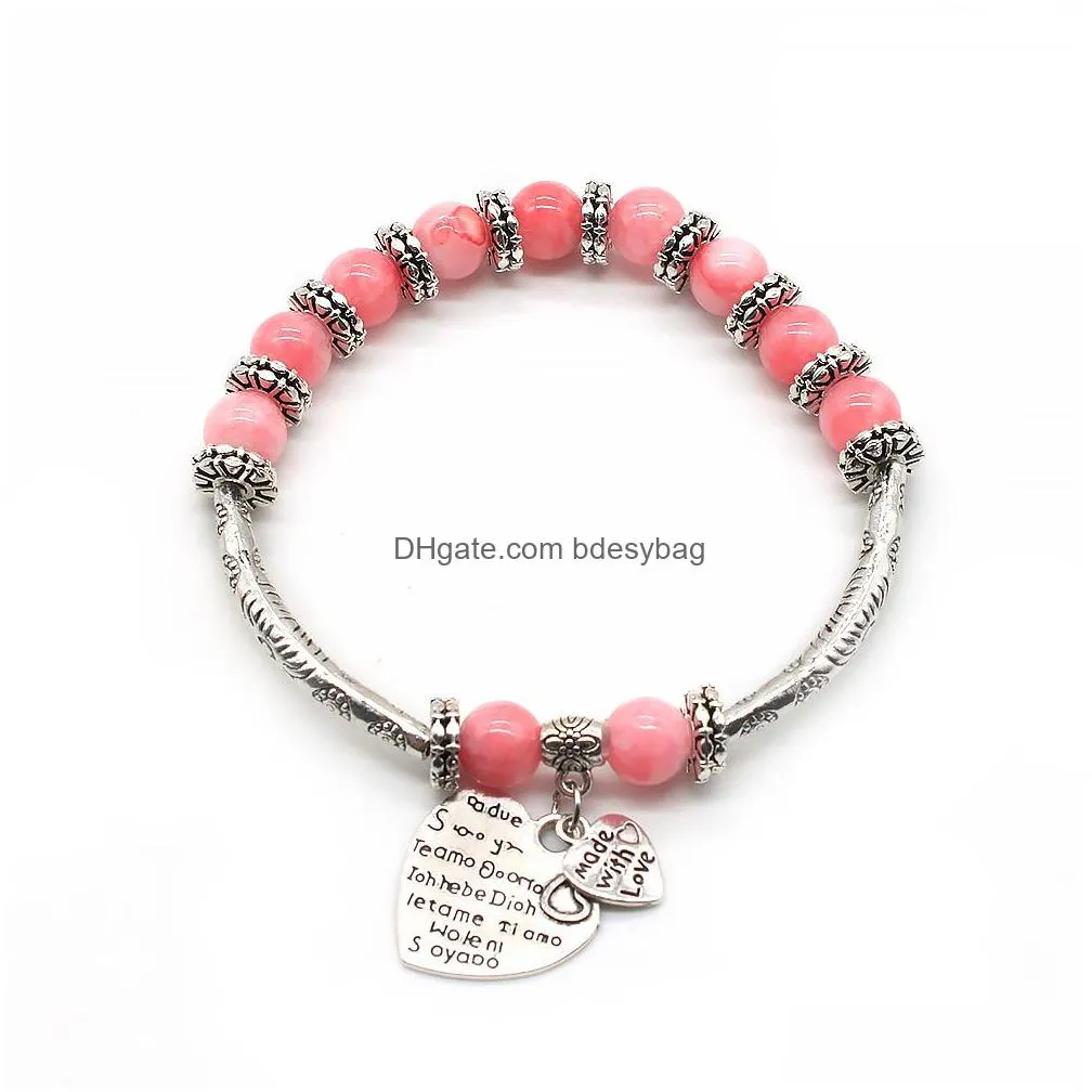 natural stone strand bracelet with heart charm silver plated bangle love wish for women jewelry