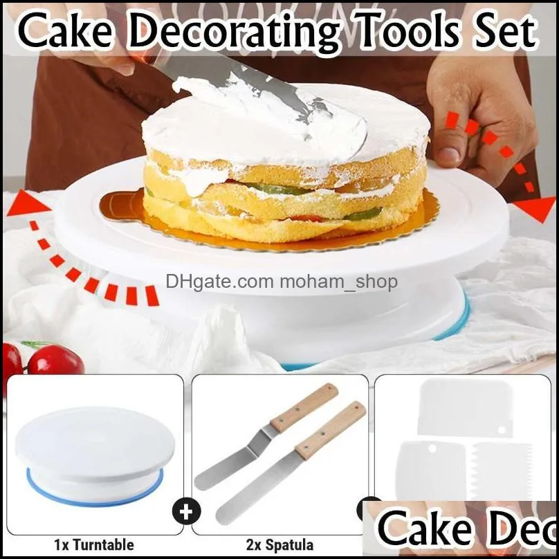 6pcs/set 11 inch plastic cake turntable rotating dough knife decorating cream cakes stand rotary table diy baking tool set pastry