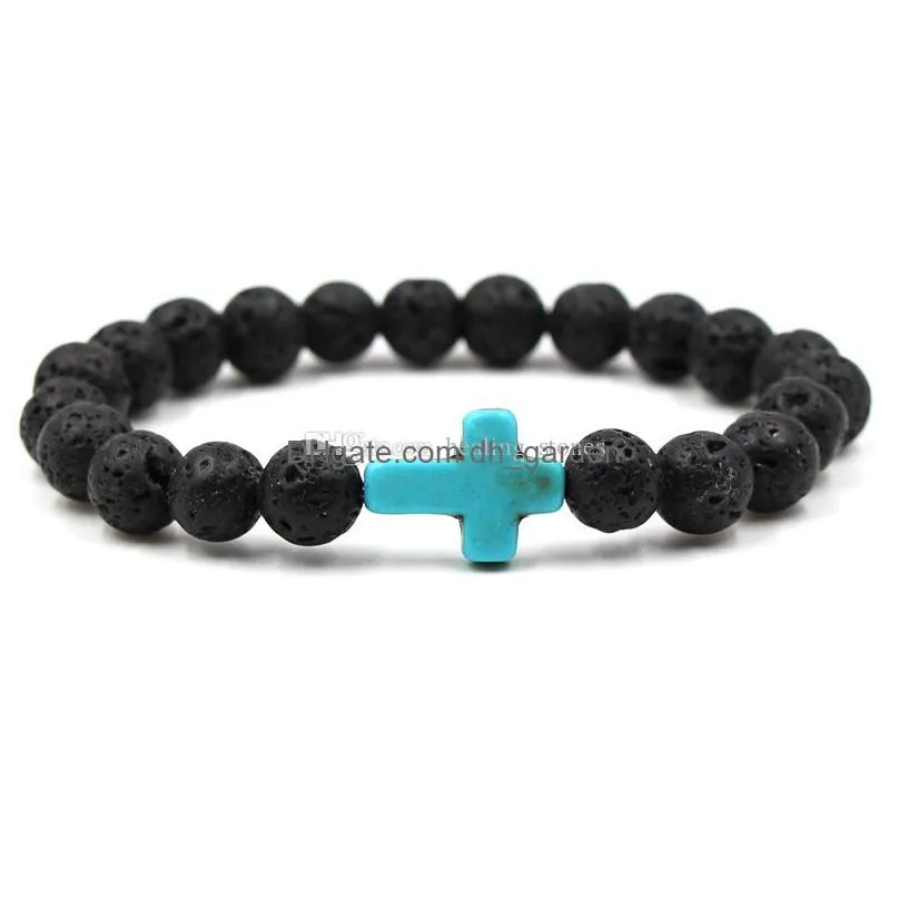 8mm black stone beads cross charms elastic strand bracelet bangle for women men jewelry