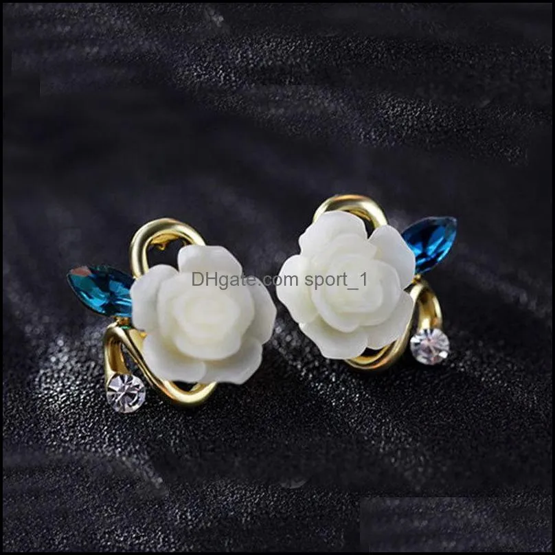 beauty earrings alloy rose flower stud earrings with crystal cute resin flower ear stud jewelry women girls wedding party 3541 q2