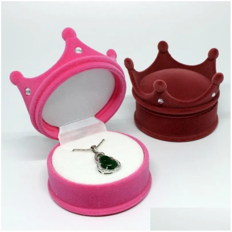 portable mini gift organizer anti rust plush crown shape rhinestone rings ear studs box high grade flocking jewelry case pink 3 8zr zz