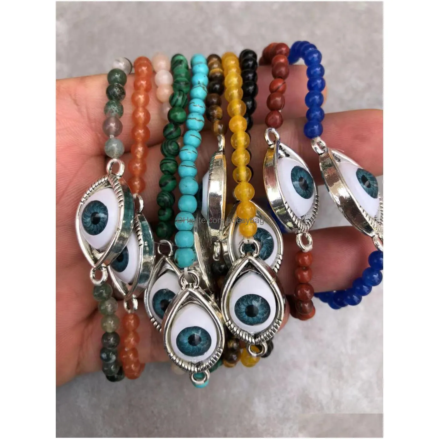 fashion vintage evil eye charm strand bracelet 4mm round agate crystal quartz stone bead bracelets with tree life for women jewelry