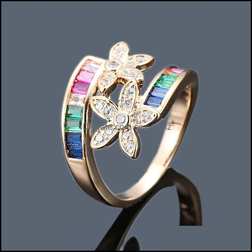 cute rainbow zircon stone ring silver yellow gold color flower love rings for women lady romantic promise wedding party jewelry
