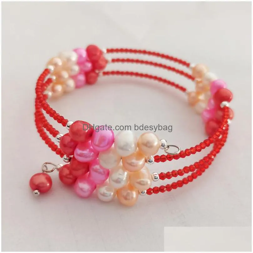 freshwater cultured pearl strand bracelet 3 layers wrap silver bead charm bangle love wish for women jewelry