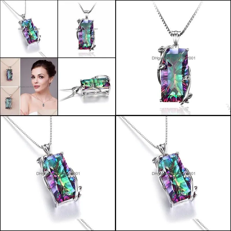 rainbow stone tree of life pendant necklace for women men long chain crystal glass leaves square necklaces statement jewelry