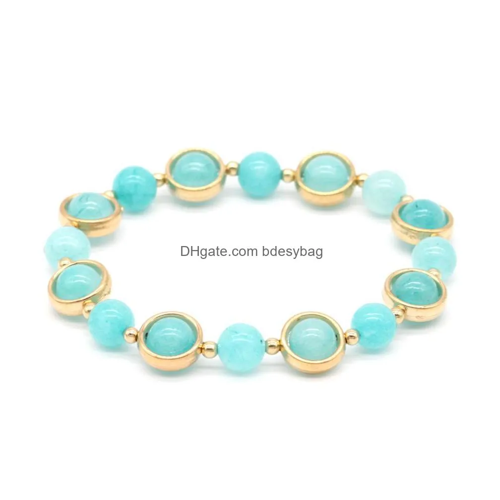 gemstone strand bracelet with gold plated metal adjustable stretched crystal quazt turquoise bracelets healing natural stone jewelry bangle gift for