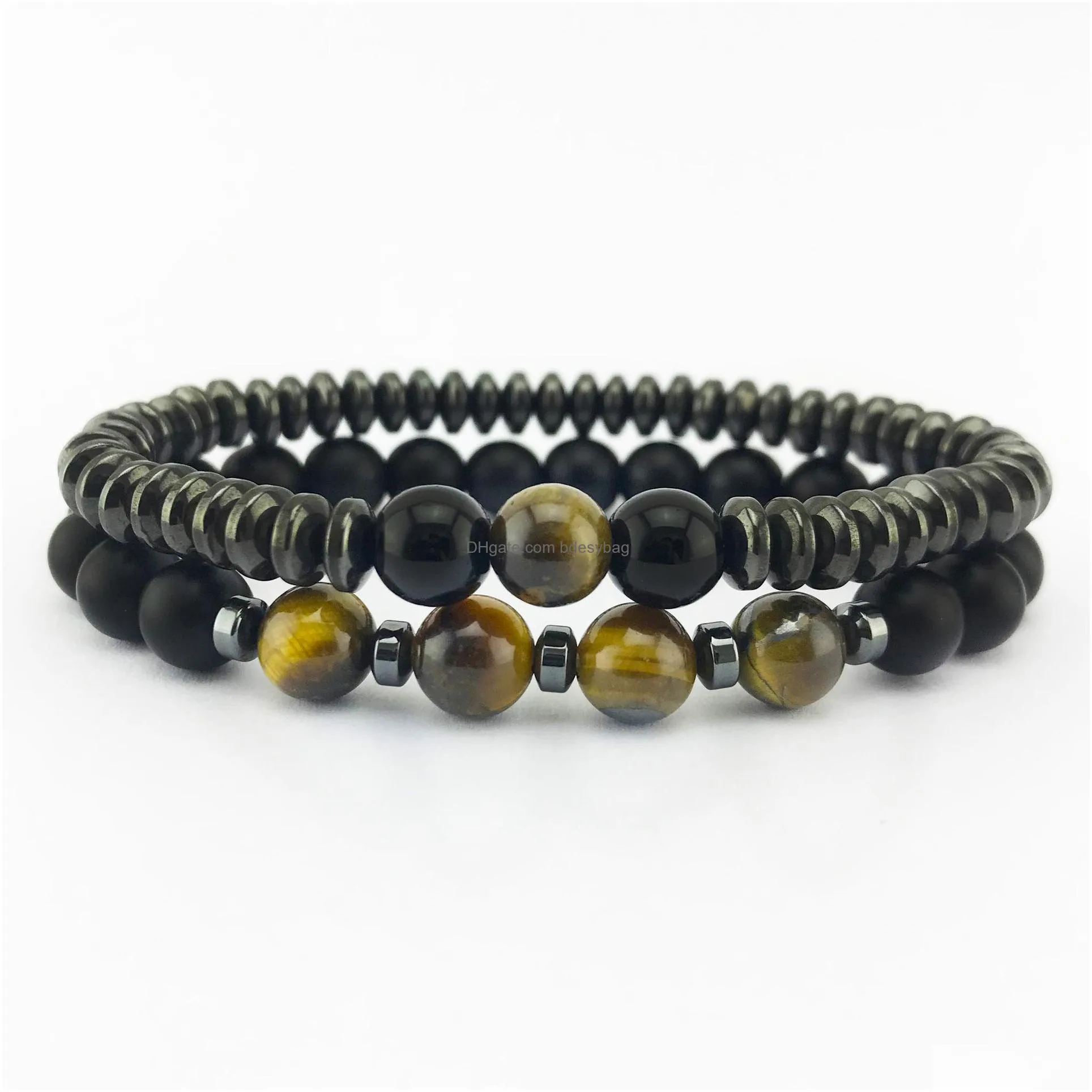 2pcs tiger eye black agate stone yoga bracelet bangle for men women stretch bracelet with magnetic clasp 8 inches