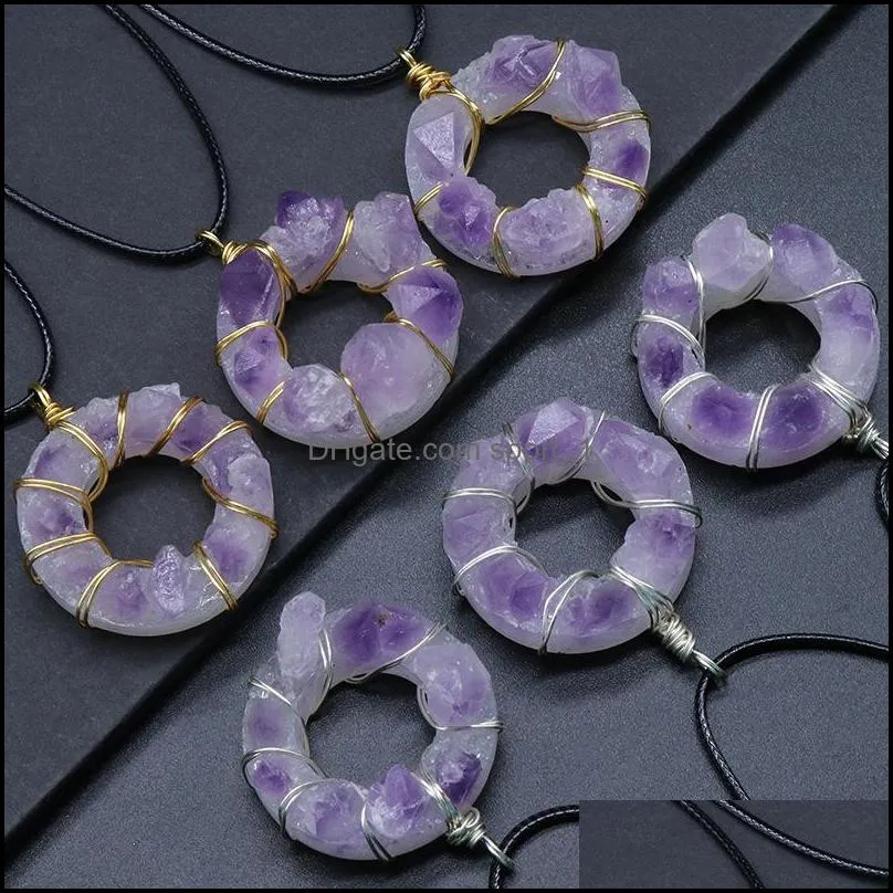 irregular wire wrapped natural stone amethyst necklace pendant 35mm donut pendant healing crystal collar necklaces for women fashion
