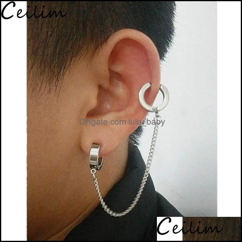 1 piece punk stainless steel circle clip on earrings hoop earrings with long chain silver color unique fashion jewelry
