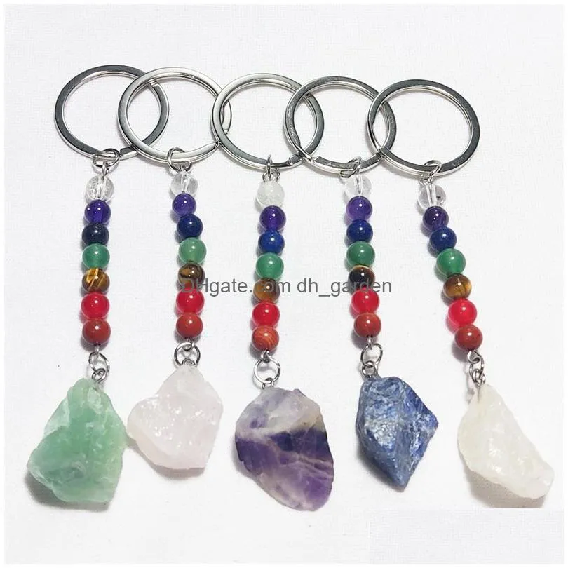 irregular raw ore stone key rings 7 colors chakra beads chains gem charms keychains healing crystal keyrings for women men hot