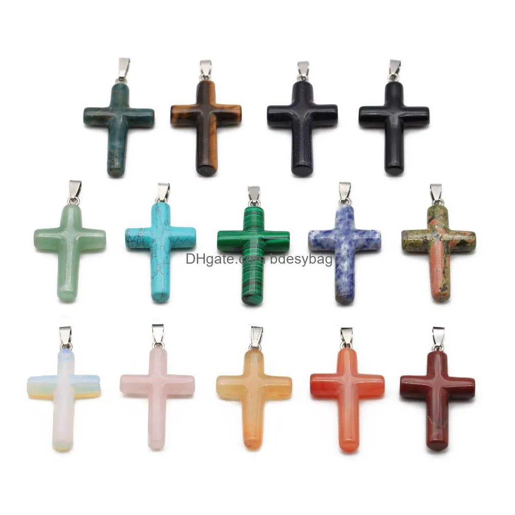 5pcs cross moon style stone pendant natural gemstones pendants silver plated for necklace women jewelry gifts