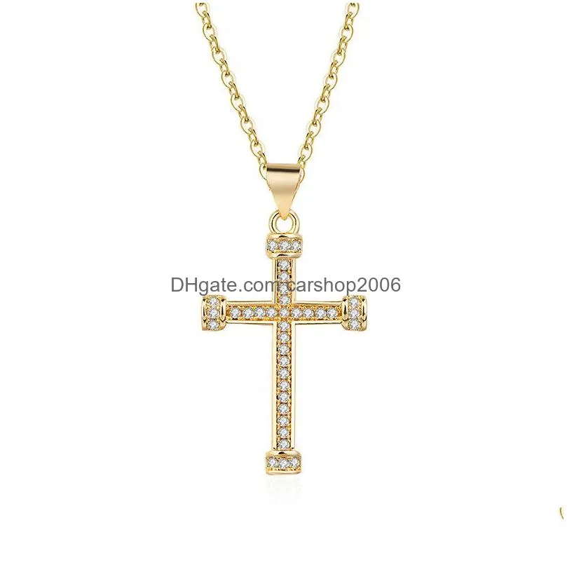 fashion jewelry 24k gold plating diamond jesus cross necklace women men crystal row pendant necklaces