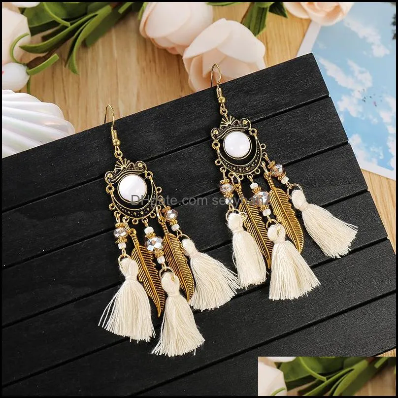 vintage ethnic long tassel dangle earring acrylic bead crystal rice beads crescent feather earrings for women