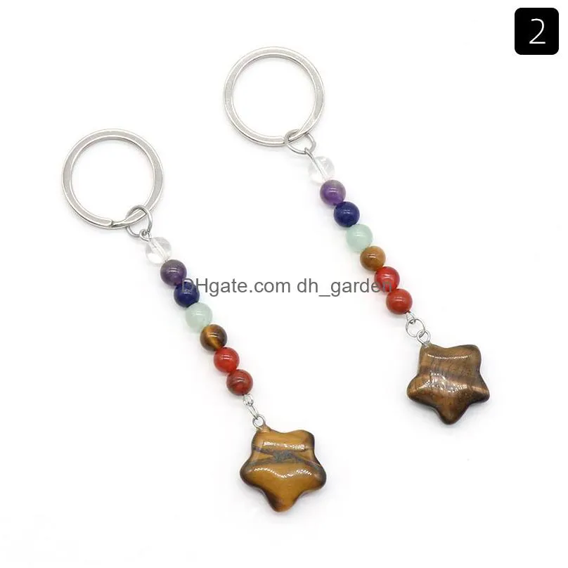 star shape stone key rings 7 colors chakra beads chains charms keychains healing crystal keyrings for women men