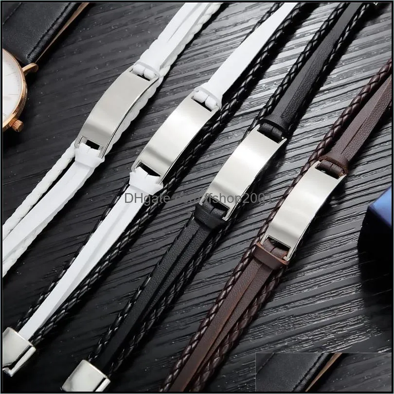  engraved tag leather bracelet stainless steel mens bracelet personalized diy custom layered genuine leather bangle gift mens