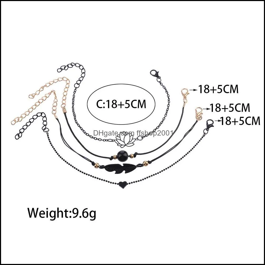 4pcs/set bohemian lotus bracelets set summer design black feather lotus heart charm bracelets for women girls jewelry