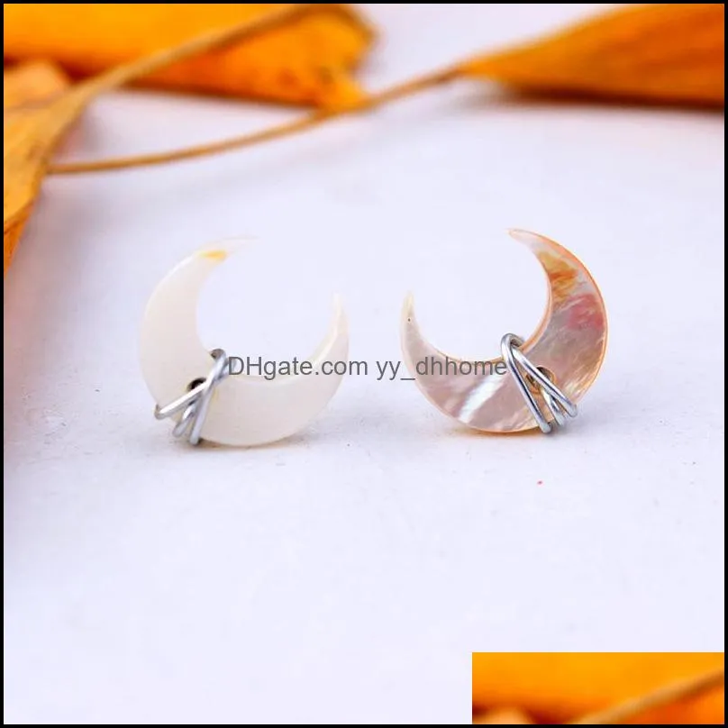 unique design crescent moon stud earrings mother of pearl gemstone post in gold sterling silver handmade wire wrapped ear wedding