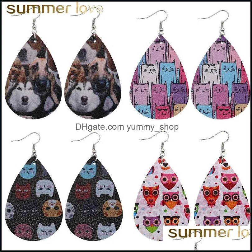 cute animal print pu leather dangle earring for women double side cat dog owl pattern waterdrop faux leather earrings party jewelry