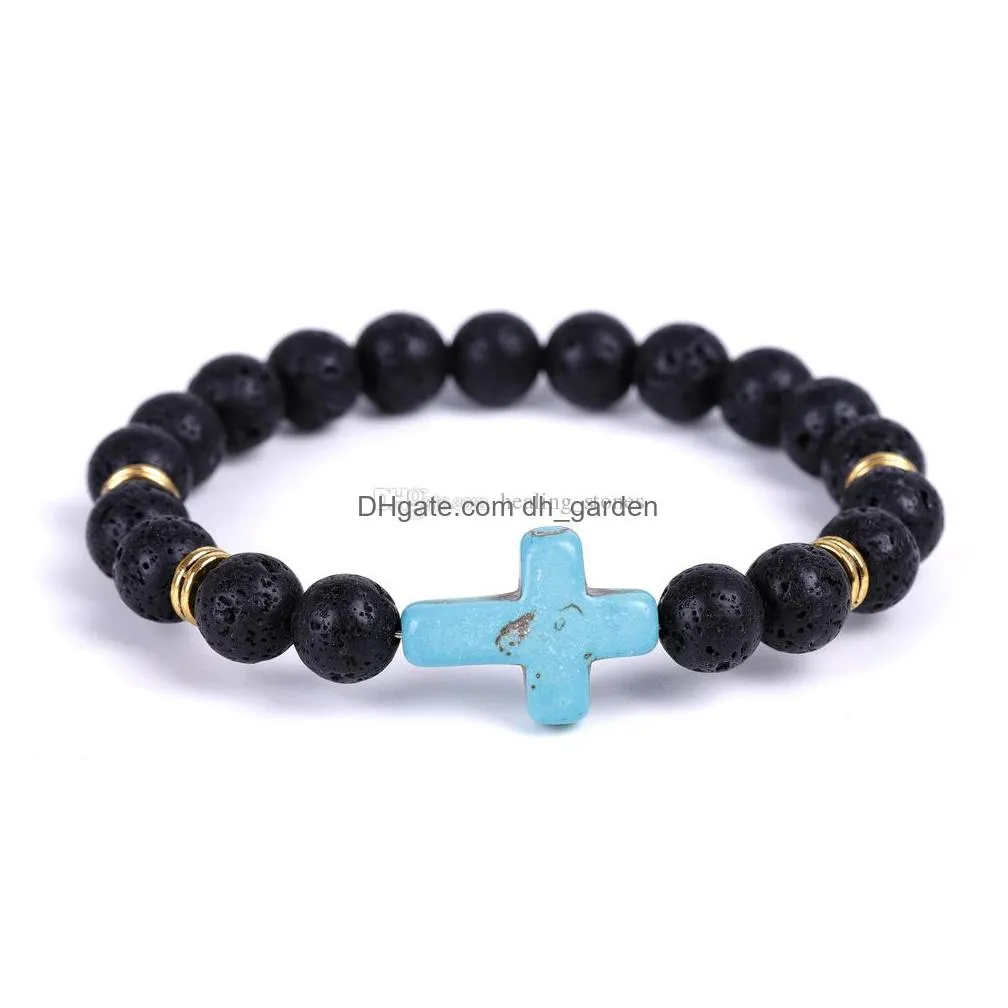 8mm black stone beads cross charms elastic strand bracelet bangle for women men jewelry