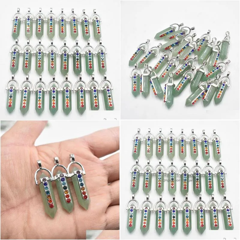 hexagon natural stone pendants 7 chakra rhinestone green aventurine charms for jewelry making necklace accessories wholesale