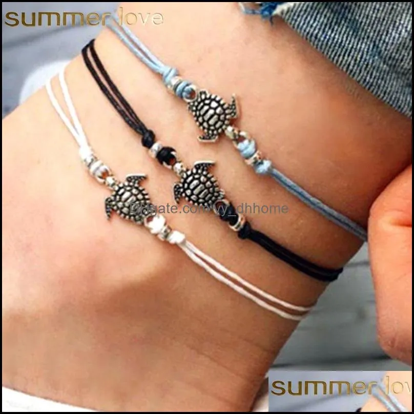  vintage sea turtle bracelet anklet white black blue 3 colors wax rope beach anklets for women bohemian jewelry wholesale