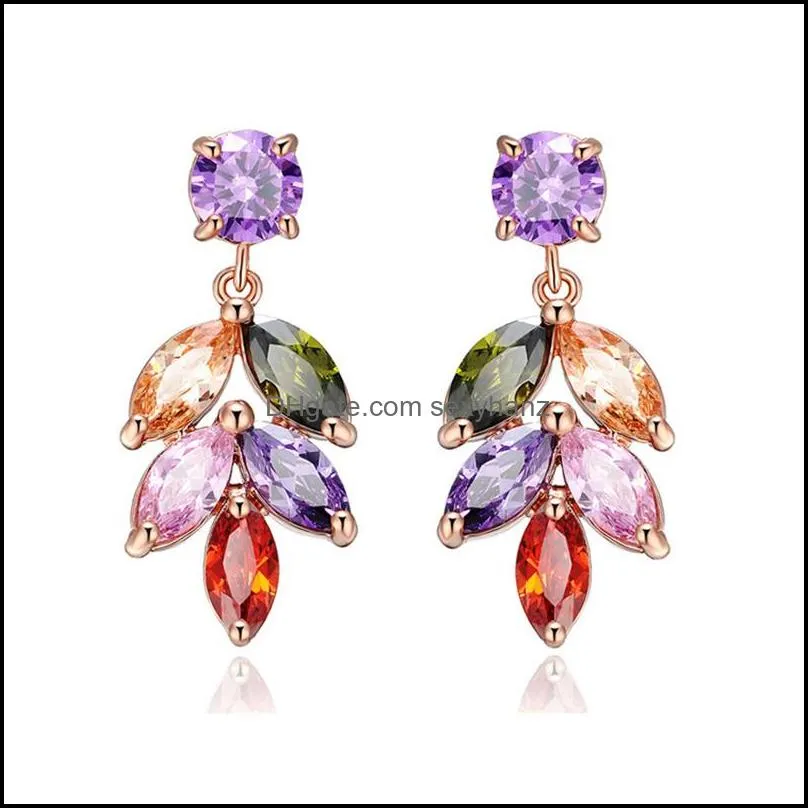  fashion colorful zircon leaf earrings for women rose gold plated zircon leaves rainbow drop earrings trendy jewelry for party