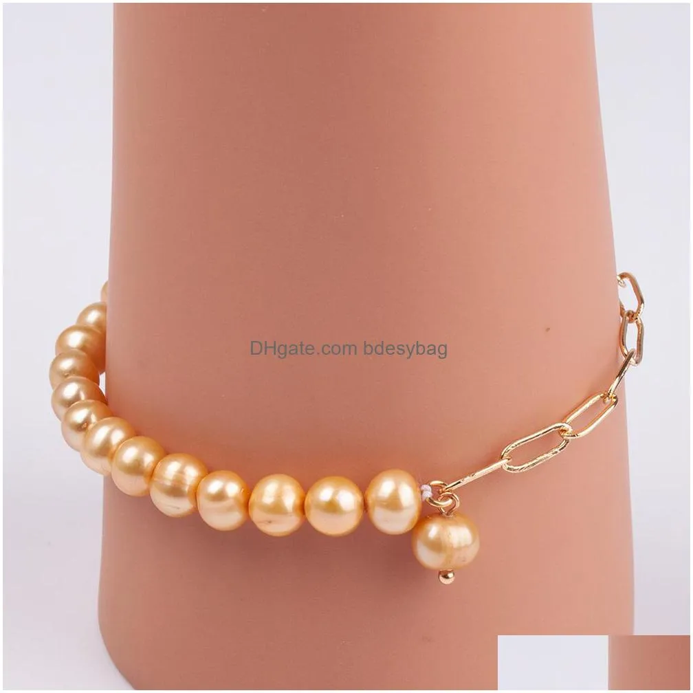 potato freshwater pearl strand bracelet colored pearls beaded and half link chain bangle love wish for women jewelry party gift