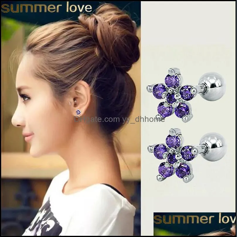  pink blue flower cz stud earrings for women girls cubic zircon silver gold color lip rings nails earring wedding bridal design