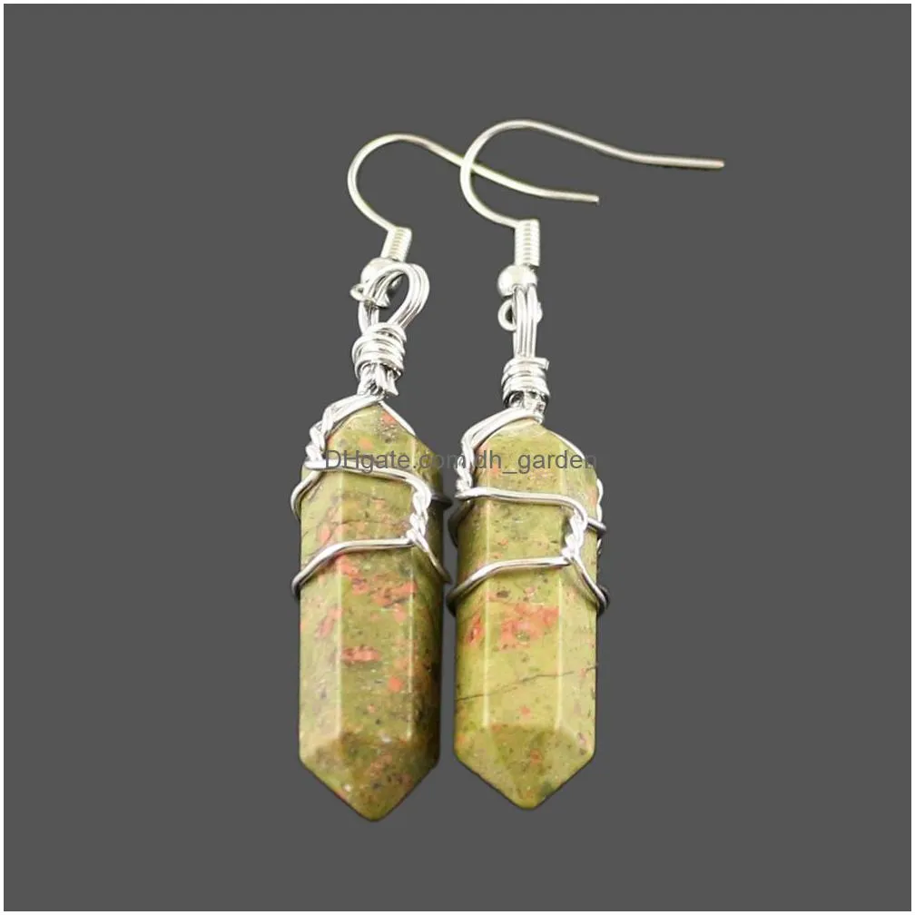 reiki healing wired wrap natural stone charms earrings bullet pendulum dangle lapis amethysts purple quartz pink crystal earings women