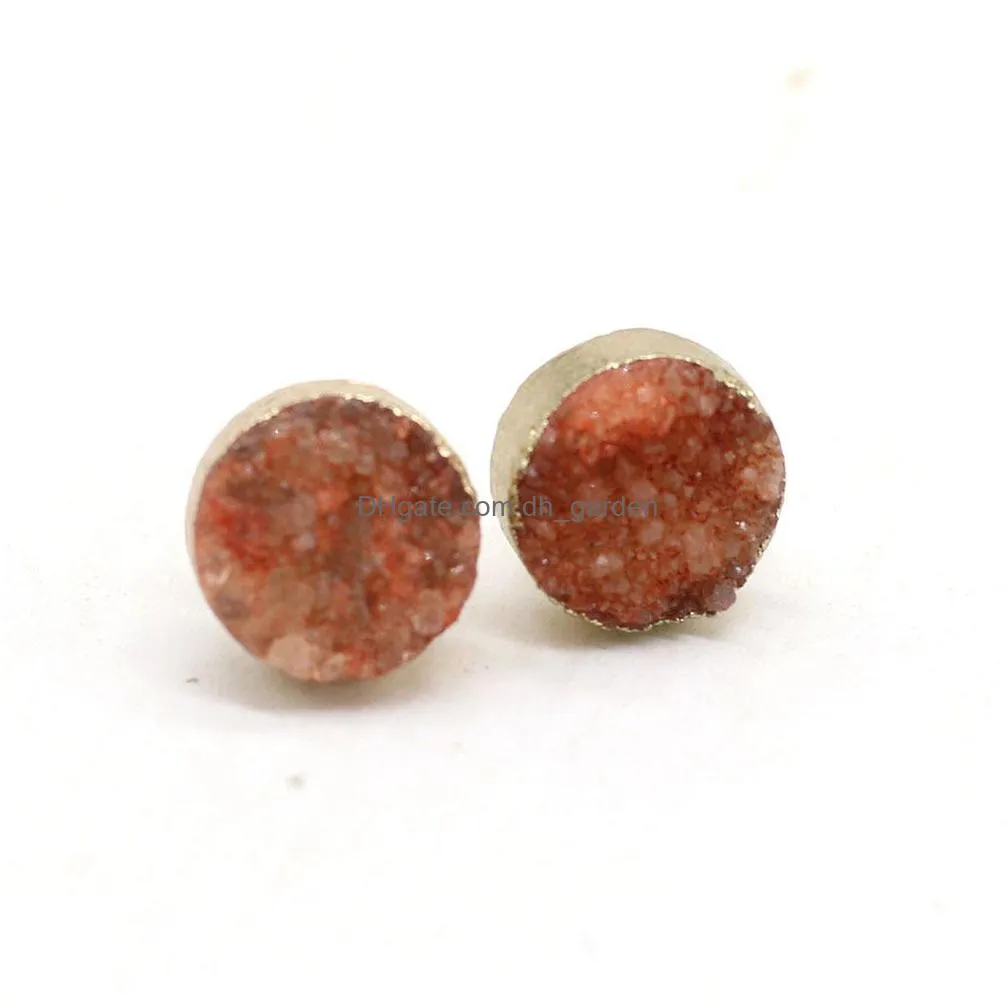 12mm natural stone color plated stud druzy drusy quartz crystal stones gold studs earrings jewelry for women