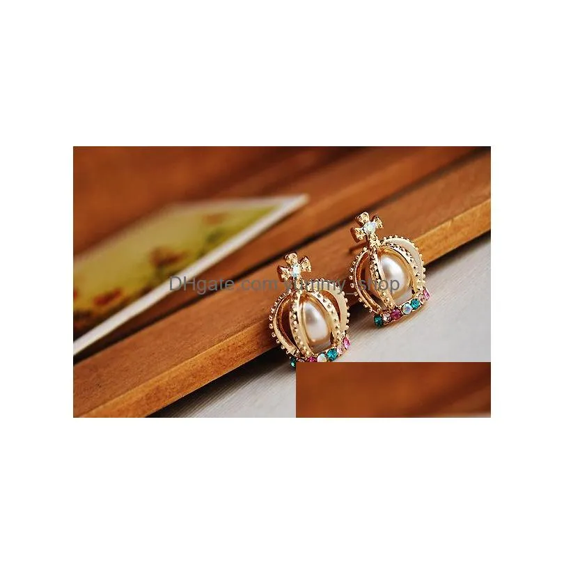 ladys accessories for women fashion jewelry refined colorful rhinstone golden crown pearl stud princess earrings