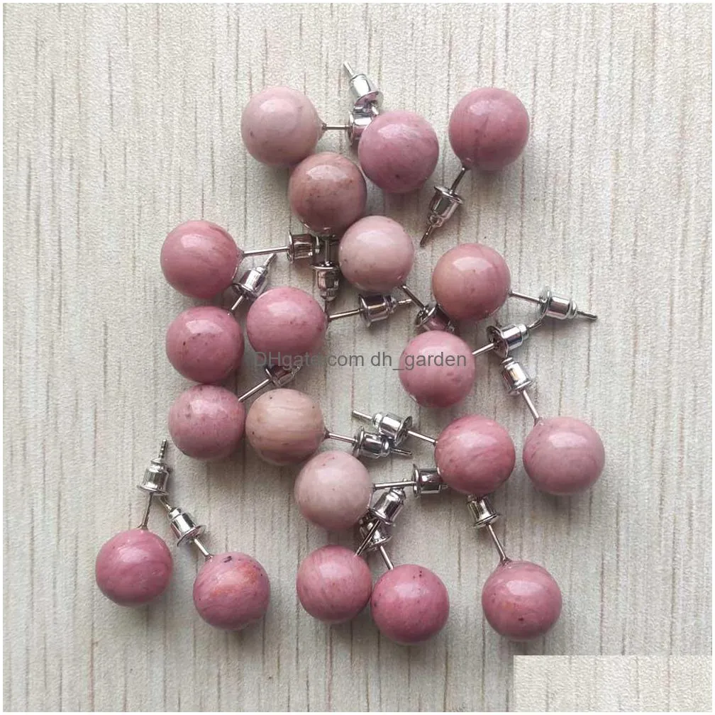 natural rose quartz stone round ball agate onyx beads 10mm 12mm stud earrings jewelry for women men cool simple style wholesale