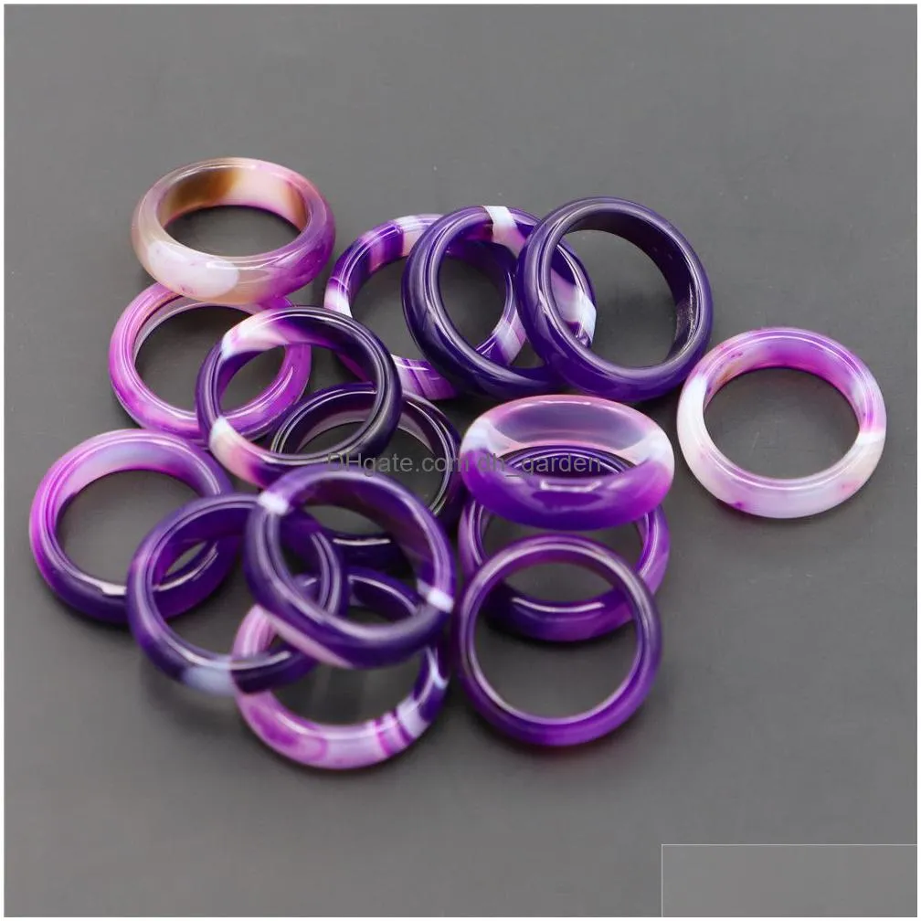 wide 6mm band natural stone purple striped agate rings unisex created circle finger reiki charms jewelry accessories gifts wholesale