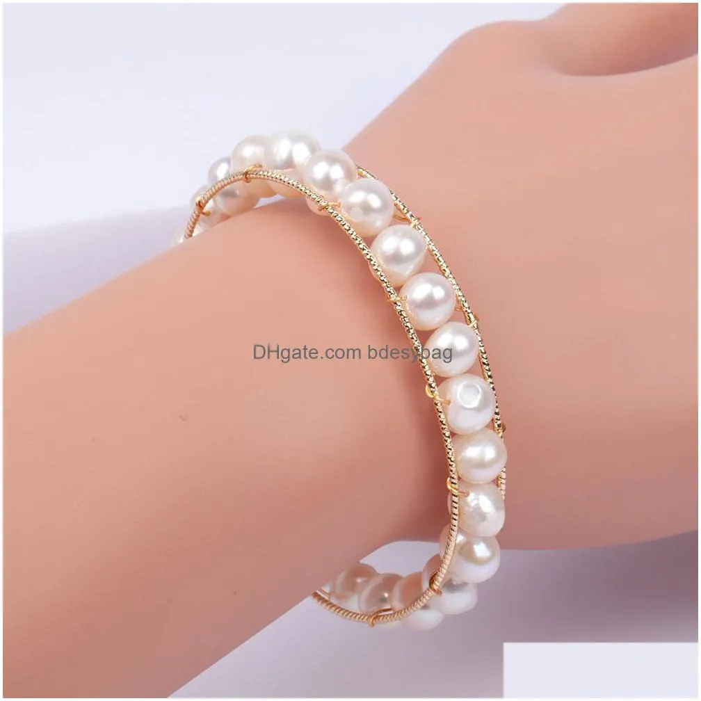 natural freshwater pearl beaded strand bracelet gold plated wire bangle dyded color pearls jewelry for women