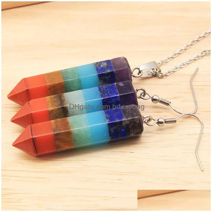 chakra bullet shape natural stone pendant necklace earrings set healing crystal rainbow gemstone jewelry sets for women