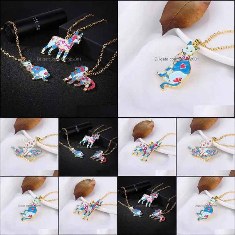 colorful butterfly necklace enamel dog cat animal pendants necklaces for women girl child jewelry gift long chain necklace