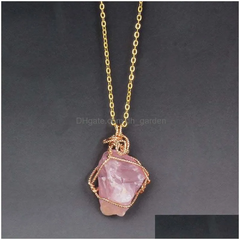 irregular natural stone necklaces gold chain wire wrapped punk necklace women jewelry rose quartz healing crystals pendant necklace