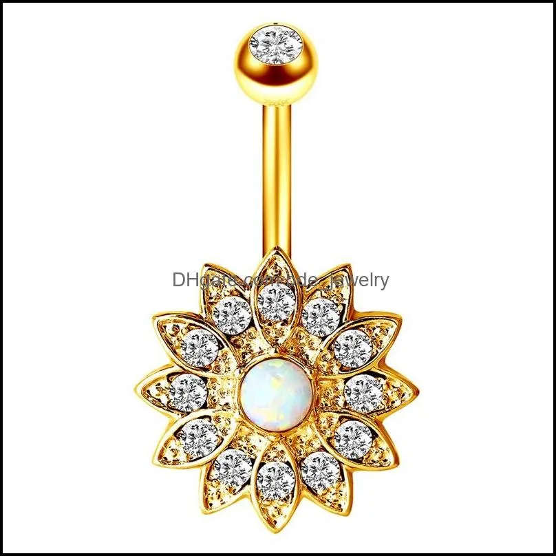 australian gem diamond inlay navel rings multicolor sun flower puncture jewelry umbilical nail medical steel dance belly ring accessories 4 9zs