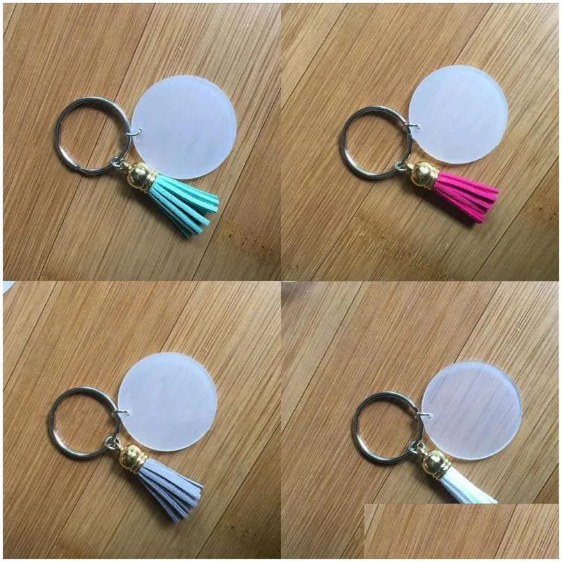 4cm keychains party favor fashion transparent acrylic circular key buckles suede tassel keyring highly quality knapsack 2 45tw g2