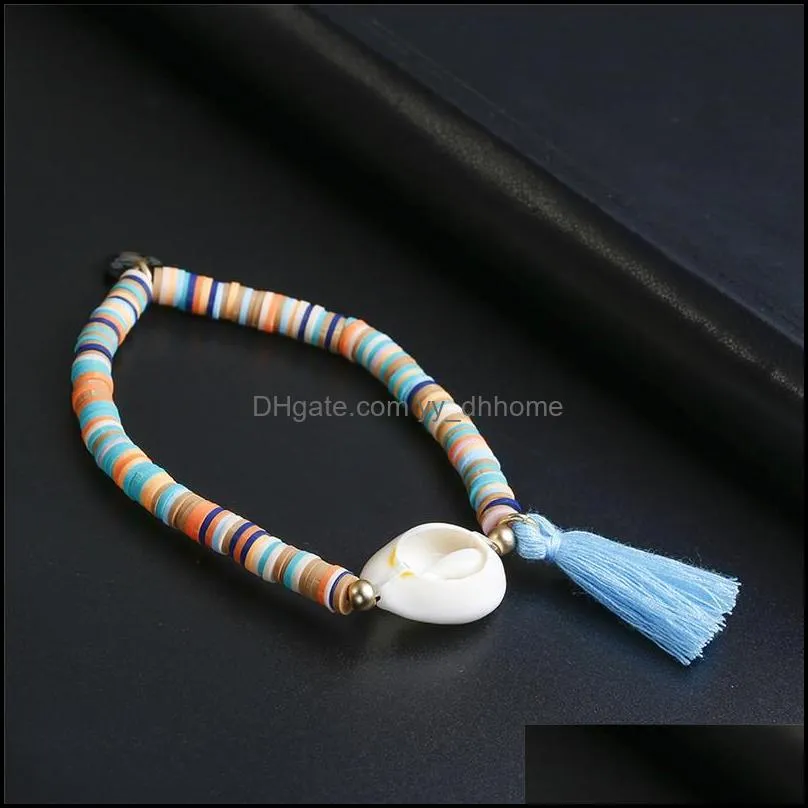 trendy white shell elastic bracelet bohemian colorful clear stone polymer clay beaded bracelets for women holiday seashell beach jewelry