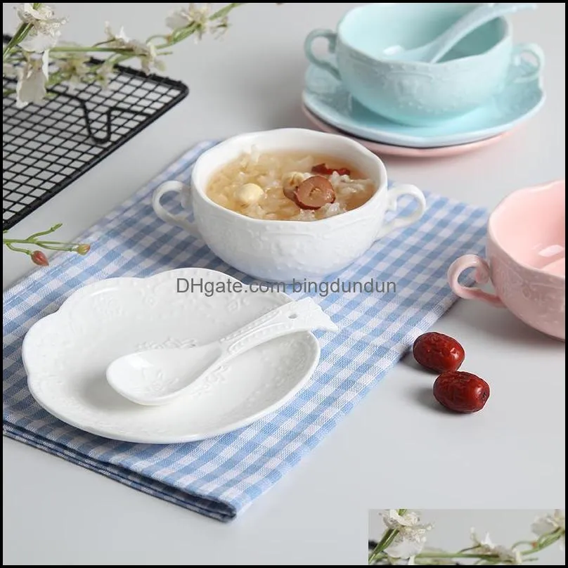 5.5inch color embossed porcelain cereal bowl with breadfast plate breakfast cup handle ice cream spoon dinnerware sets