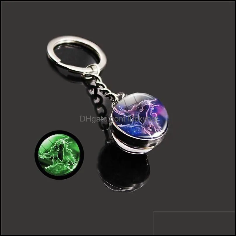 glow in the dark 12 constellation key rings zodiac signs picture double side cabochon glass ball keychain jewelry birthday gifts